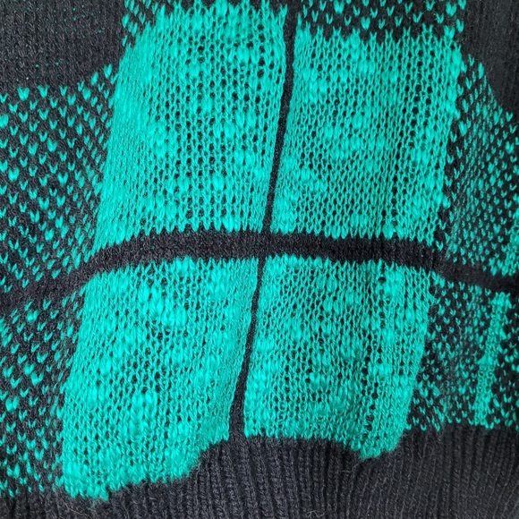 Vintage chunky knit grandpa sweater bright green black plaid checkered jumper - Picture 4 of 6